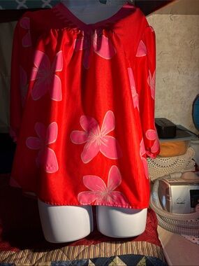 Women's Red Floral V-Neck Blouse with Pink Bloom Print